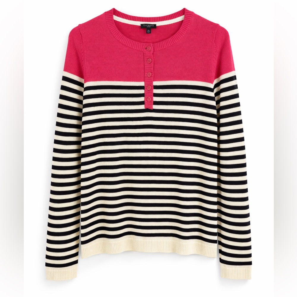 Talbots Medium Petite Pink Black Stripe knit Button Front Sweater cotton blend